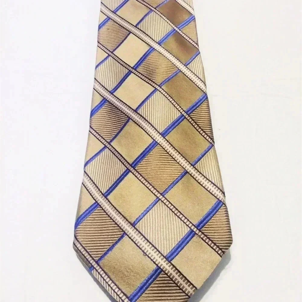 Michael Michael Kors Tan Blue Striped 100% Silk Tie‎